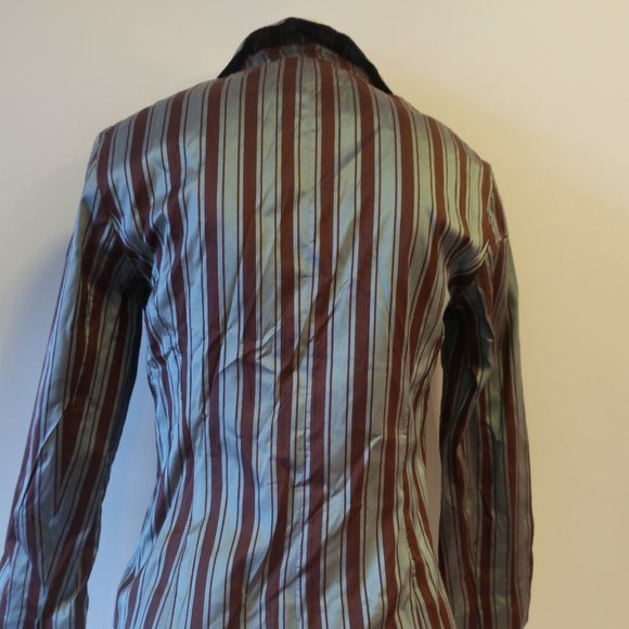 WOMENS ALBERTO BIANI BLUE BROWN STRIPED SILK BLOUSE TOP 44 US/M * - Picture 7 of 11